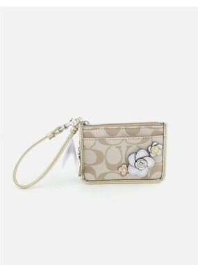 Coach Beige Signature Floral Key Ring Card Case with Gold Trim